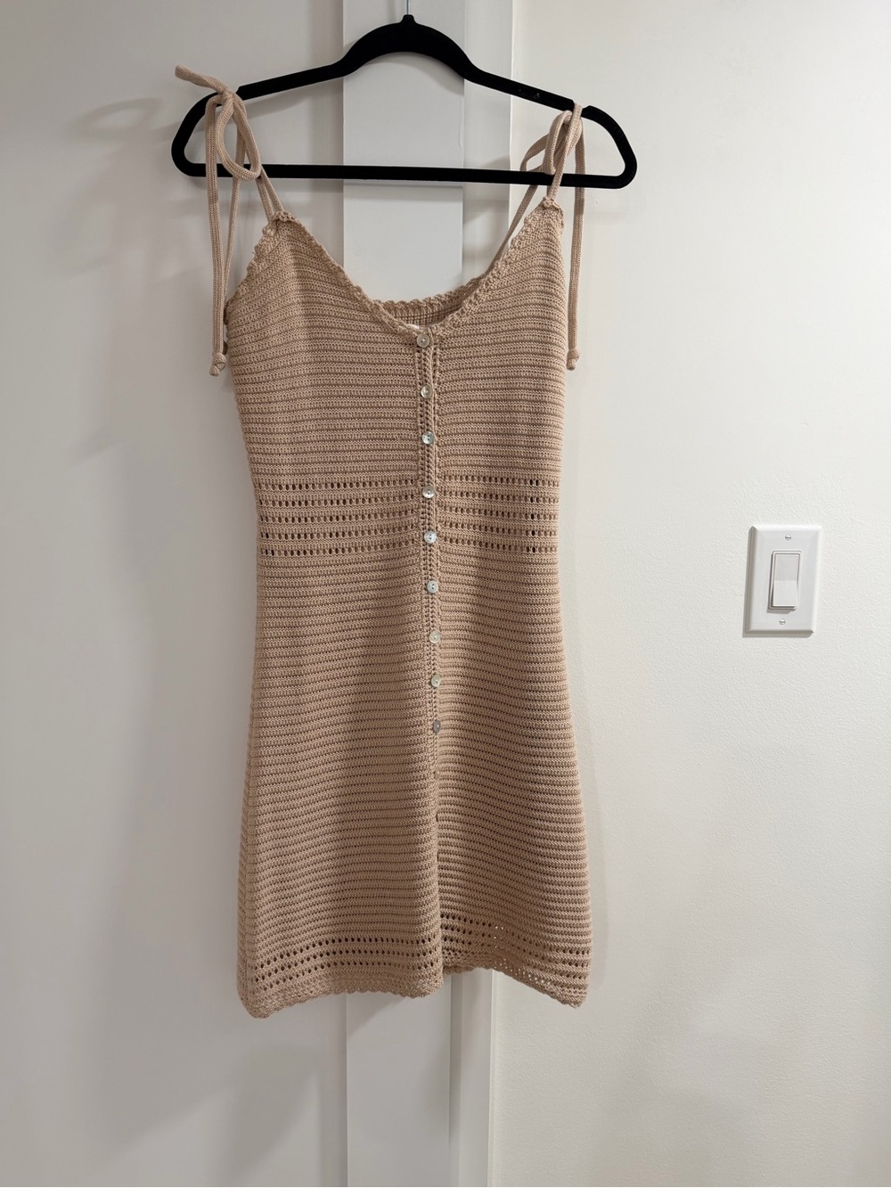 Beige Crochet Tie-Strap Button Front Mini Dress Medium
